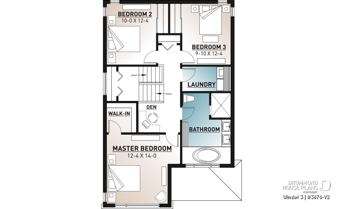 2nd level - Modern 2 storey-home plan for narrow-lot, with garage, 3 bedrooms, open layout, laundry room on second floor - Winslet 3