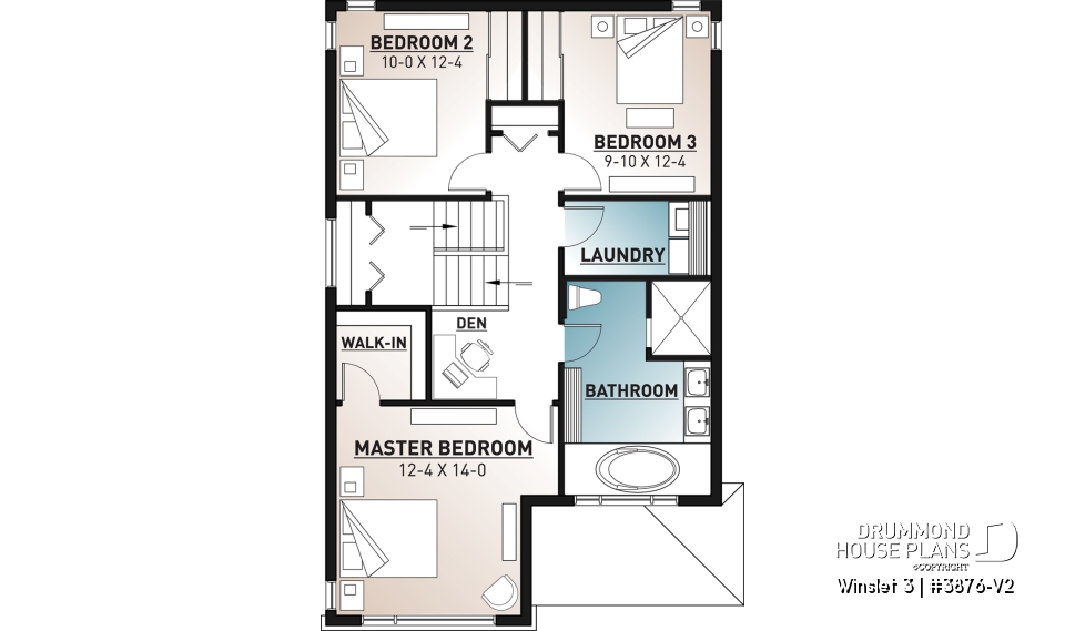2nd level - Modern 2 storey-home plan for narrow-lot, with garage, 3 bedrooms, open layout, laundry room on second floor - Winslet 3