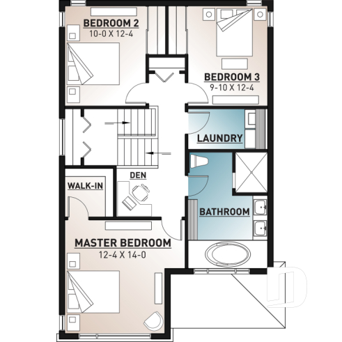 2nd level - Modern 2 storey-home plan for narrow-lot, with garage, 3 bedrooms, open layout, laundry room on second floor - Winslet 3