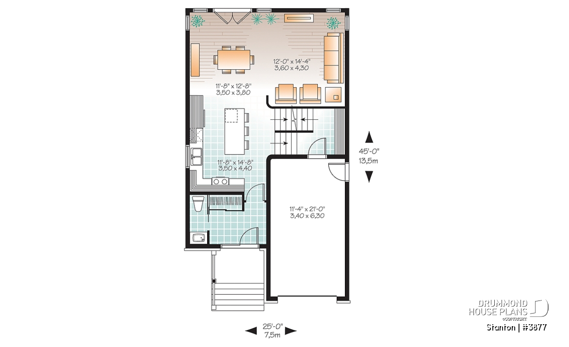1st level - 2-storey contemporary house plan 3 bedroom with garage, master suite, open floor plan, narrow lots - Stanton