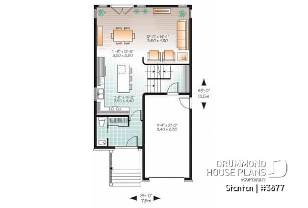 1st level - 2-storey contemporary house plan 3 bedroom with garage, master suite, open floor plan, narrow lots - Stanton