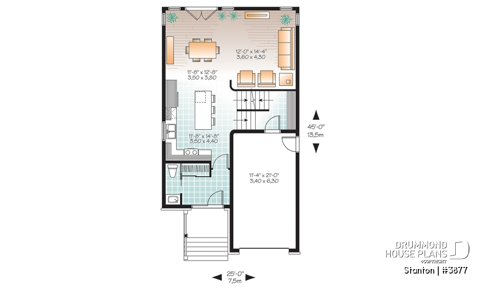 1st level - 2-storey contemporary house plan 3 bedroom with garage, master suite, open floor plan, narrow lots - Stanton