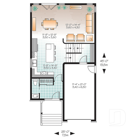 1st level - 2-storey contemporary house plan 3 bedroom with garage, master suite, open floor plan, narrow lots - Stanton