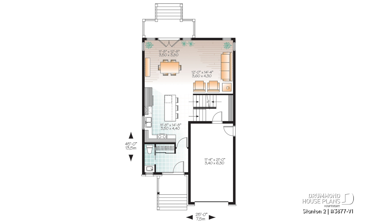 1st level - Modern house plan with garage, narrow lot design, great master suite, open layout, laundry on second floor - Stanton 2