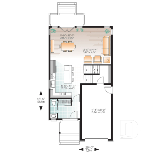 1st level - Modern house plan with garage, narrow lot design, great master suite, open layout, laundry on second floor - Stanton 2