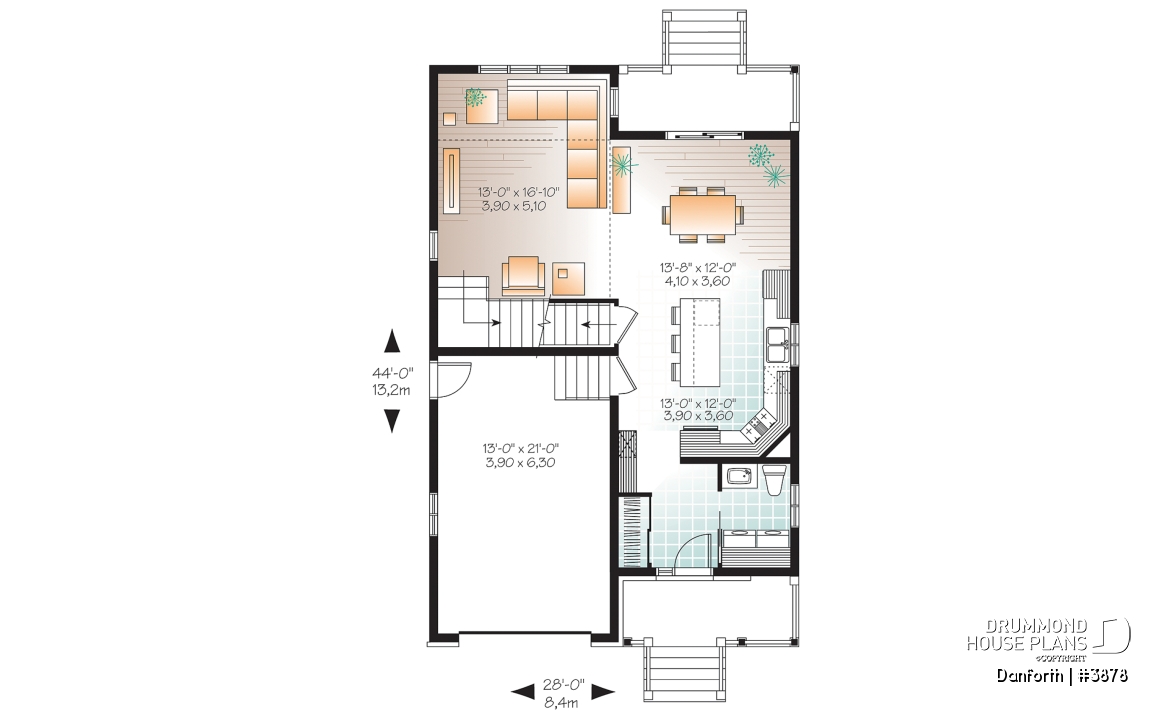 1st level - Modern 2 storey house plan, 3 bedroom, rear covered terrace, mezzanine and garage - Danforth