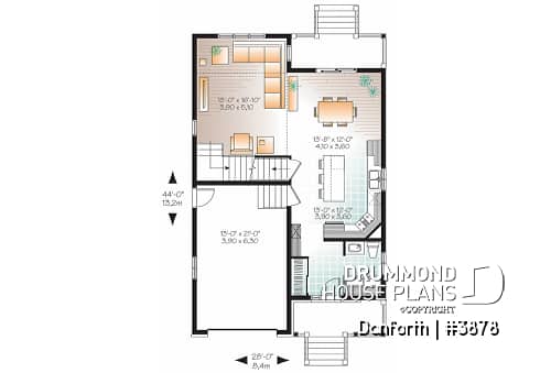 1st level - Modern 2 storey house plan, 3 bedroom, rear covered terrace, mezzanine and garage - Danforth