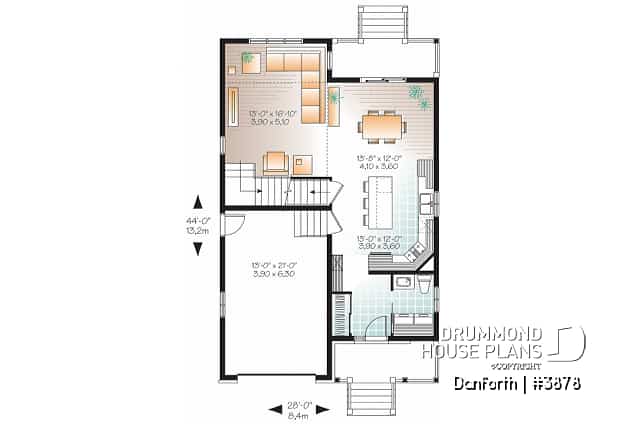 1st level - Modern 2 storey house plan, 3 bedroom, rear covered terrace, mezzanine and garage - Danforth
