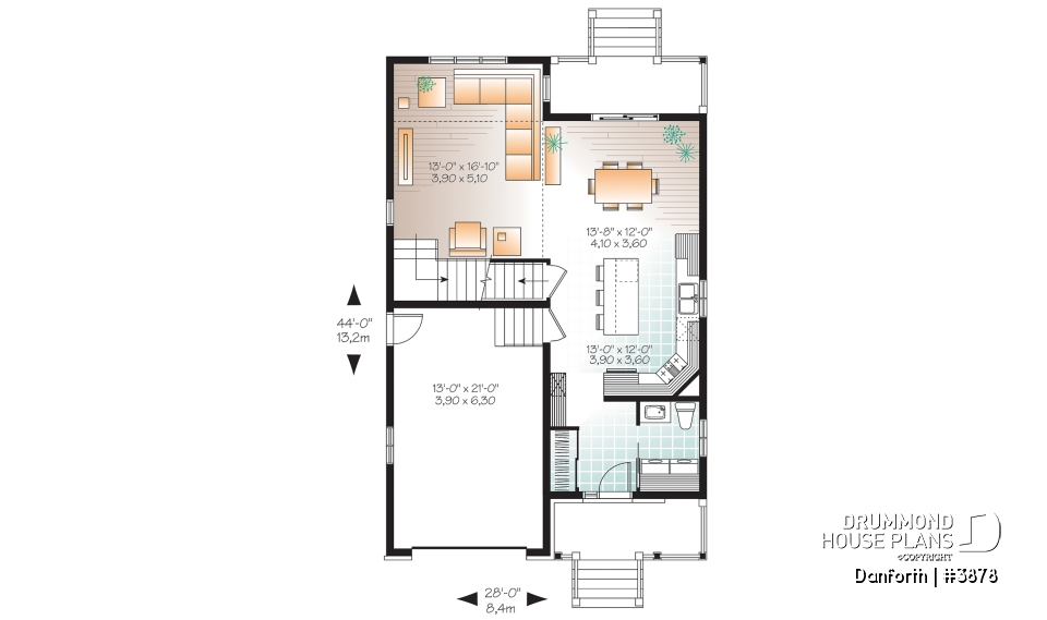 1st level - Modern 2 storey house plan, 3 bedroom, rear covered terrace, mezzanine and garage - Danforth