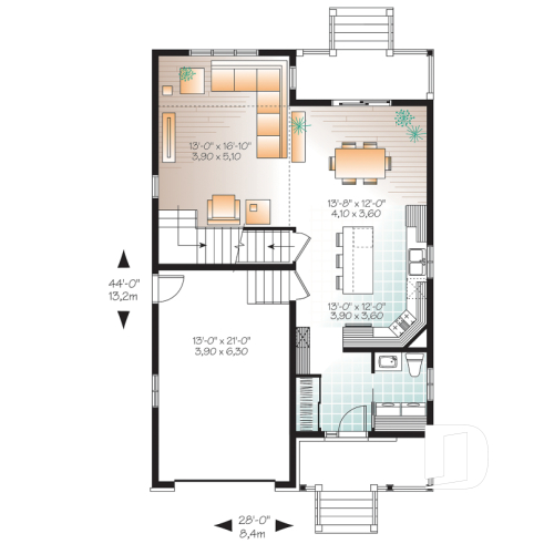 1st level - Modern 2 storey house plan, 3 bedroom, rear covered terrace, mezzanine and garage - Danforth