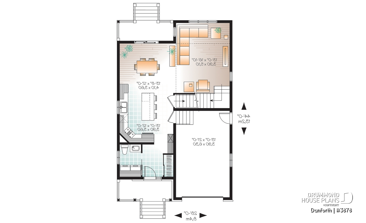 1st level - Modern 2 storey house plan, 3 bedroom, rear covered terrace, mezzanine and garage - Danforth