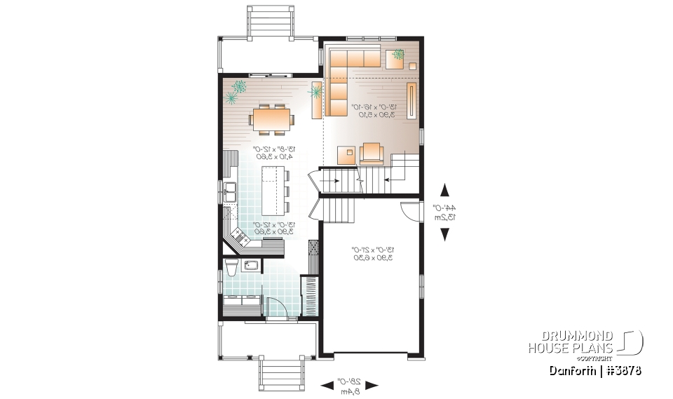 1st level - Modern 2 storey house plan, 3 bedroom, rear covered terrace, mezzanine and garage - Danforth