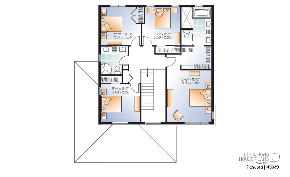 2nd level - Large Modern House plan, 4 bedrooms, 3 bathrooms, open floor plan layout, large pantry and laundry room - Pandora