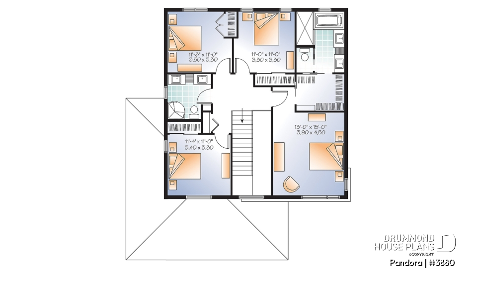 2nd level - Large Modern House plan, 4 bedrooms, 3 bathrooms, open floor plan layout, large pantry and laundry room - Pandora