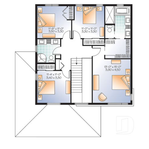 2nd level - Large Modern House plan, 4 bedrooms, 3 bathrooms, open floor plan layout, large pantry and laundry room - Pandora