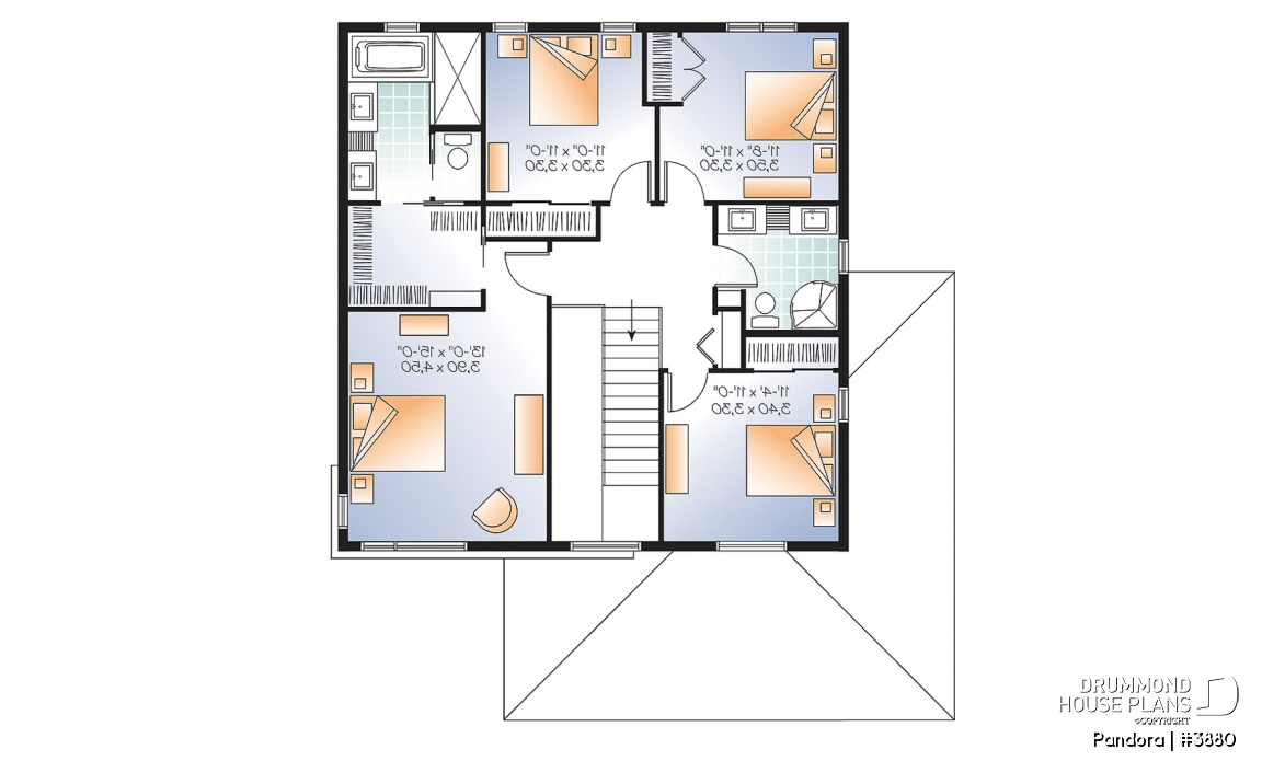 2nd level - Large Modern House plan, 4 bedrooms, 3 bathrooms, open floor plan layout, large pantry and laundry room - Pandora
