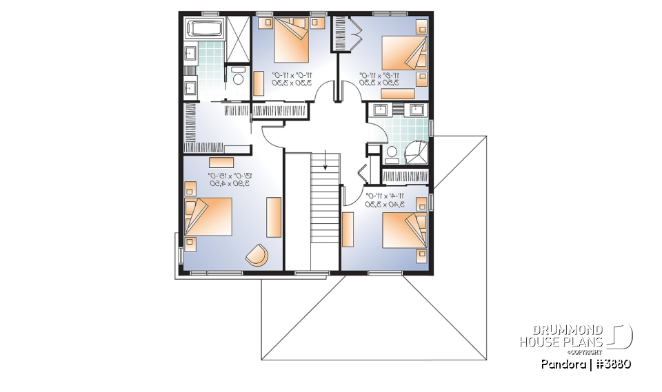 2nd level - Large Modern House plan, 4 bedrooms, 3 bathrooms, open floor plan layout, large pantry and laundry room - Pandora