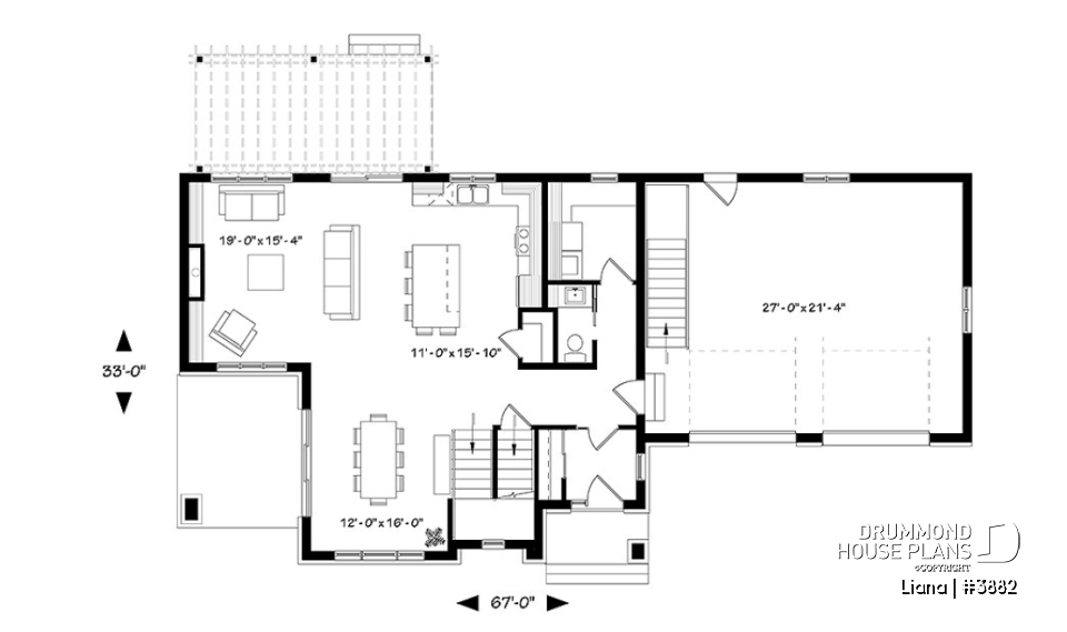 1st level - Modern cottage plan with 3 covered terraces, large master suite, open floor plans, 2 car garage - Liana
