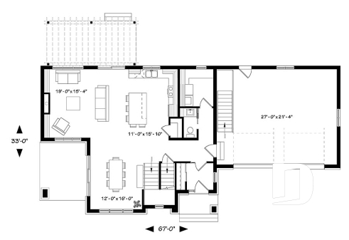 1st level - Modern cottage plan with 3 covered terraces, large master suite, open floor plans, 2 car garage - Liana