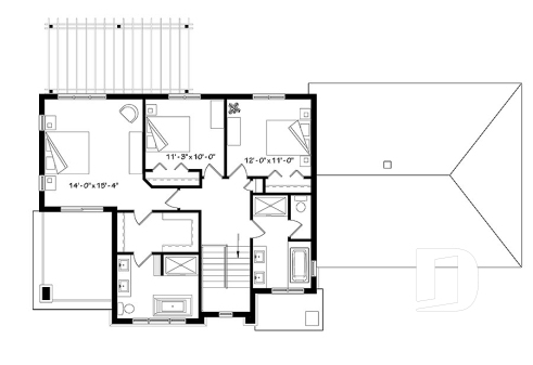 2nd level - Modern cottage plan with 3 covered terraces, large master suite, open floor plans, 2 car garage - Liana