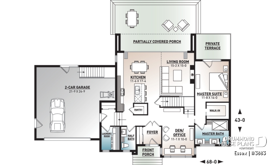 1st level - Modern Cube shaped house plan, master suite, 4 bedrooms, open floor plan, home office, 2-car garage, pantry - Essex