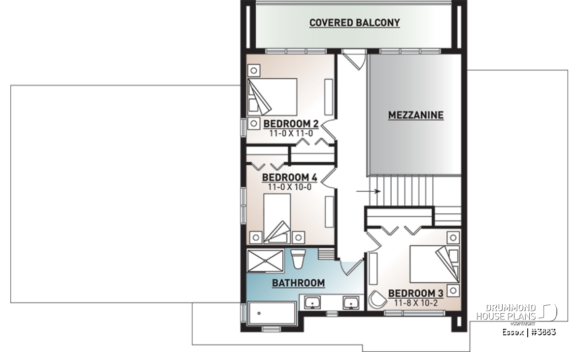 2nd level - Modern Cube shaped house plan, master suite, 4 bedrooms, open floor plan, home office, 2-car garage, pantry - Essex