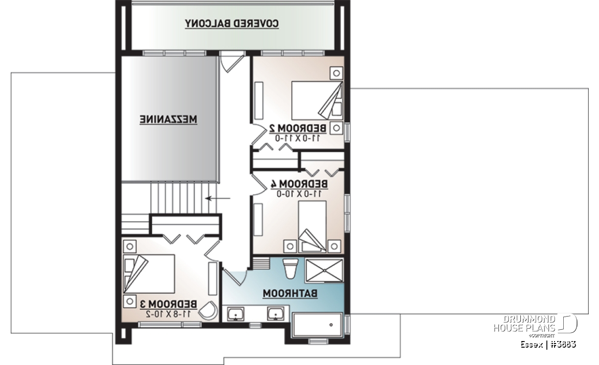 2nd level - Modern Cube shaped house plan, master suite, 4 bedrooms, open floor plan, home office, 2-car garage, pantry - Essex
