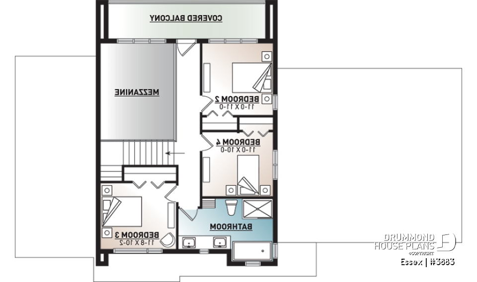 2nd level - Modern Cube shaped house plan, master suite, 4 bedrooms, open floor plan, home office, 2-car garage, pantry - Essex