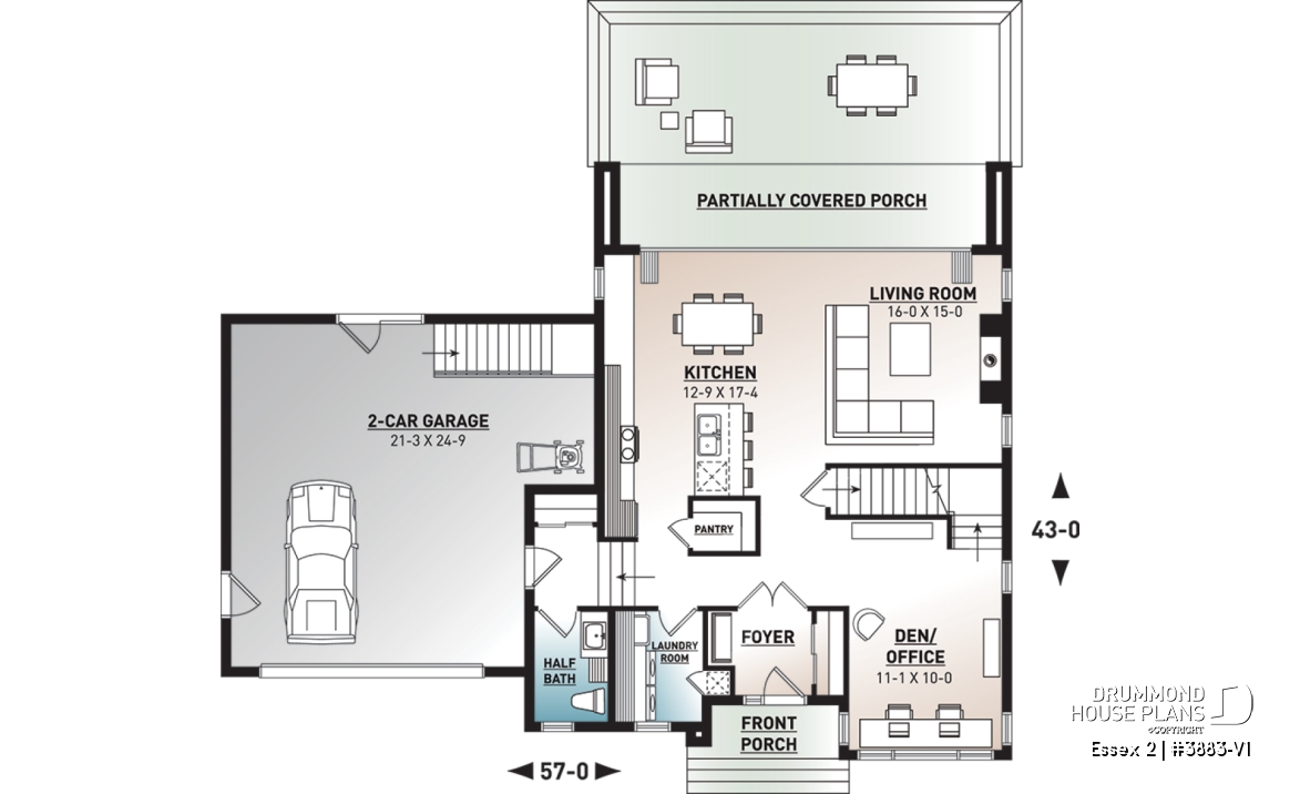 1st level - 3 to 4 bedroom Cube Shaped house plan, home office, lots of natural lights, 2-car garage, unfinished basement - Essex 2
