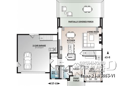 1st level - 3 to 4 bedroom Cube Shaped house plan, home office, lots of natural lights, 2-car garage, unfinished basement - Essex 2