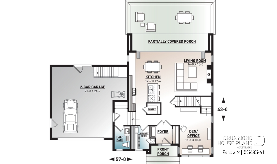 1st level - 3 to 4 bedroom Cube Shaped house plan, home office, lots of natural lights, 2-car garage, unfinished basement - Essex 2