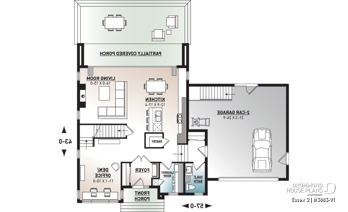 1st level - 3 to 4 bedroom Cube Shaped house plan, home office, lots of natural lights, 2-car garage, unfinished basement - Essex 2