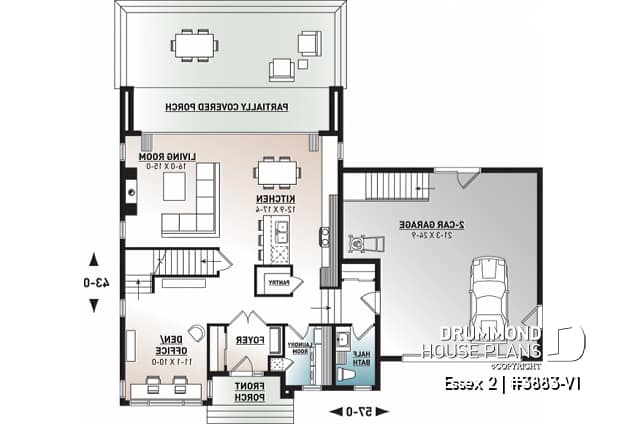 1st level - 3 to 4 bedroom Cube Shaped house plan, home office, lots of natural lights, 2-car garage, unfinished basement - Essex 2