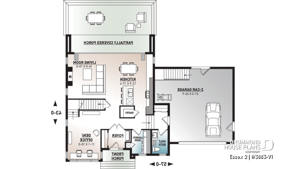 1st level - 3 to 4 bedroom Cube Shaped house plan, home office, lots of natural lights, 2-car garage, unfinished basement - Essex 2