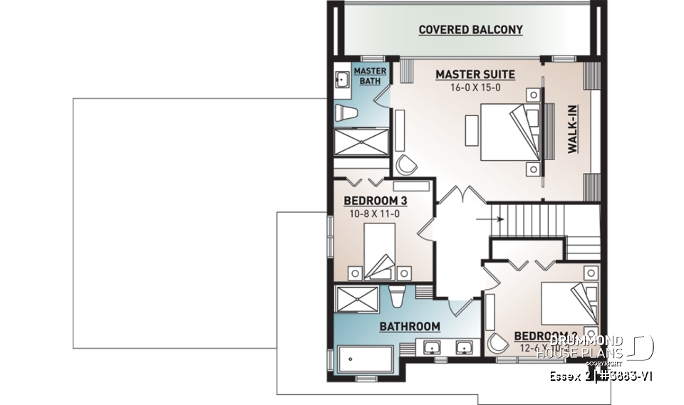 2nd level - 3 to 4 bedroom Cube Shaped house plan, home office, lots of natural lights, 2-car garage, unfinished basement - Essex 2