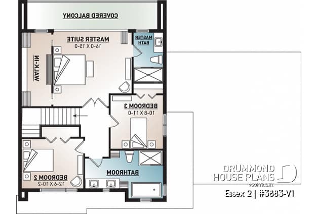 2nd level - 3 to 4 bedroom Cube Shaped house plan, home office, lots of natural lights, 2-car garage, unfinished basement - Essex 2