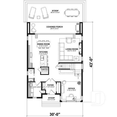 1st level - Contemporary Modern home design, 3 bedrooms, pantry & kitchen island, home office, laundry room on main - Essex 3