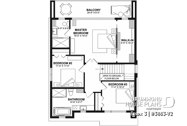 2nd level - Contemporary Modern home design, 3 bedrooms, pantry & kitchen island, home office, laundry room on main - Essex 3