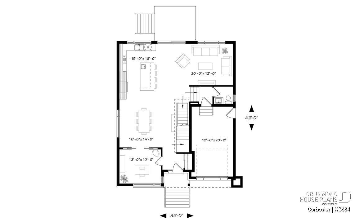 1st level - Modern house plan with 2 master suites, 4 bedrooms, home office, large kitchen open floor plan concept - Corbusier
