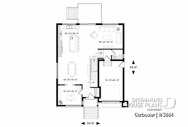 1st level - Modern house plan with 2 master suites, 4 bedrooms, home office, large kitchen open floor plan concept - Corbusier
