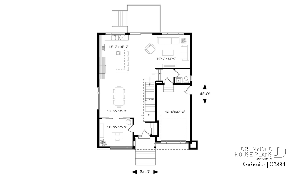 1st level - Modern house plan with 2 master suites, 4 bedrooms, home office, large kitchen open floor plan concept - Corbusier