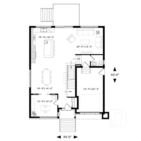 1st level - Modern house plan with 2 master suites, 4 bedrooms, home office, large kitchen open floor plan concept - Corbusier