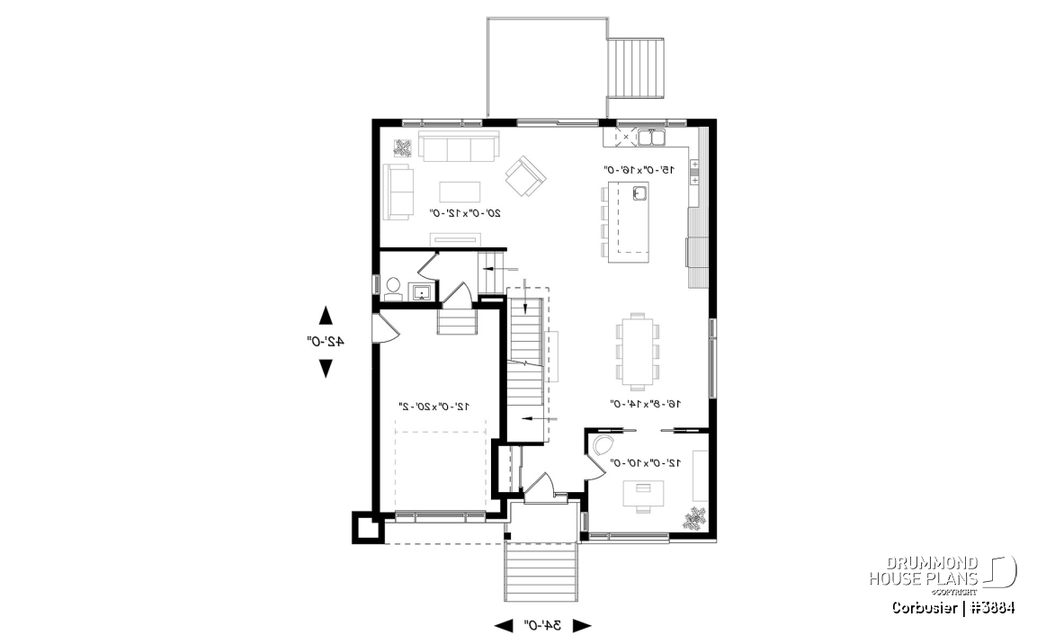1st level - Modern house plan with 2 master suites, 4 bedrooms, home office, large kitchen open floor plan concept - Corbusier