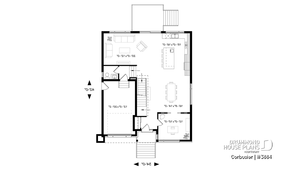 1st level - Modern house plan with 2 master suites, 4 bedrooms, home office, large kitchen open floor plan concept - Corbusier