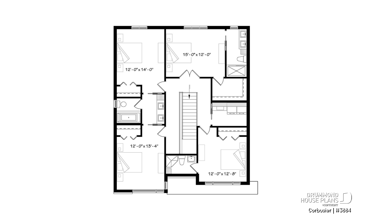 2nd level - Modern house plan with 2 master suites, 4 bedrooms, home office, large kitchen open floor plan concept - Corbusier