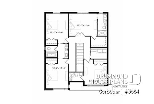 2nd level - Modern house plan with 2 master suites, 4 bedrooms, home office, large kitchen open floor plan concept - Corbusier
