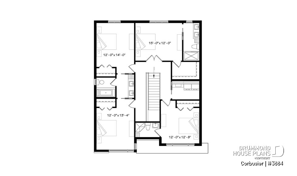 2nd level - Modern house plan with 2 master suites, 4 bedrooms, home office, large kitchen open floor plan concept - Corbusier