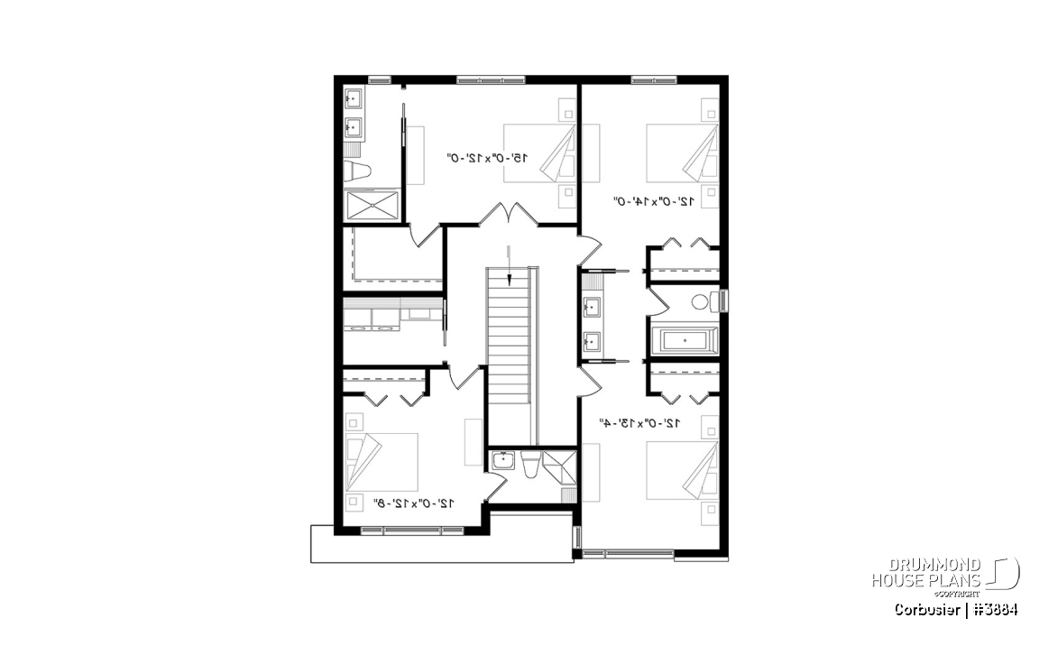 2nd level - Modern house plan with 2 master suites, 4 bedrooms, home office, large kitchen open floor plan concept - Corbusier