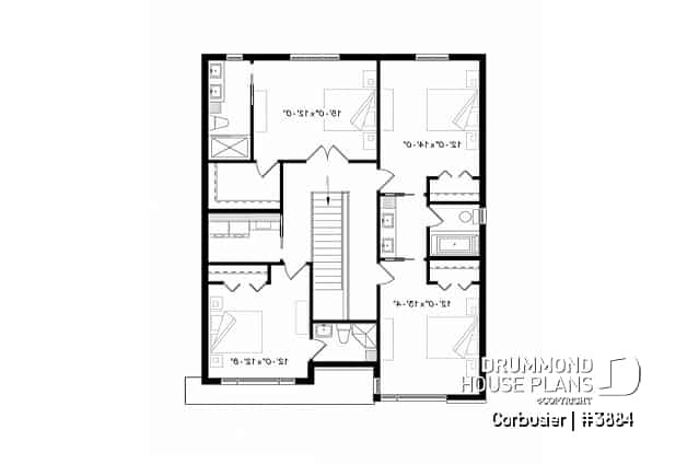 2nd level - Modern house plan with 2 master suites, 4 bedrooms, home office, large kitchen open floor plan concept - Corbusier