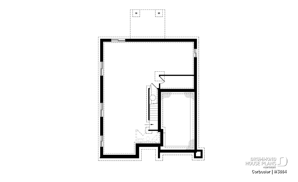 Basement - Modern house plan with 2 master suites, 4 bedrooms, home office, large kitchen open floor plan concept - Corbusier